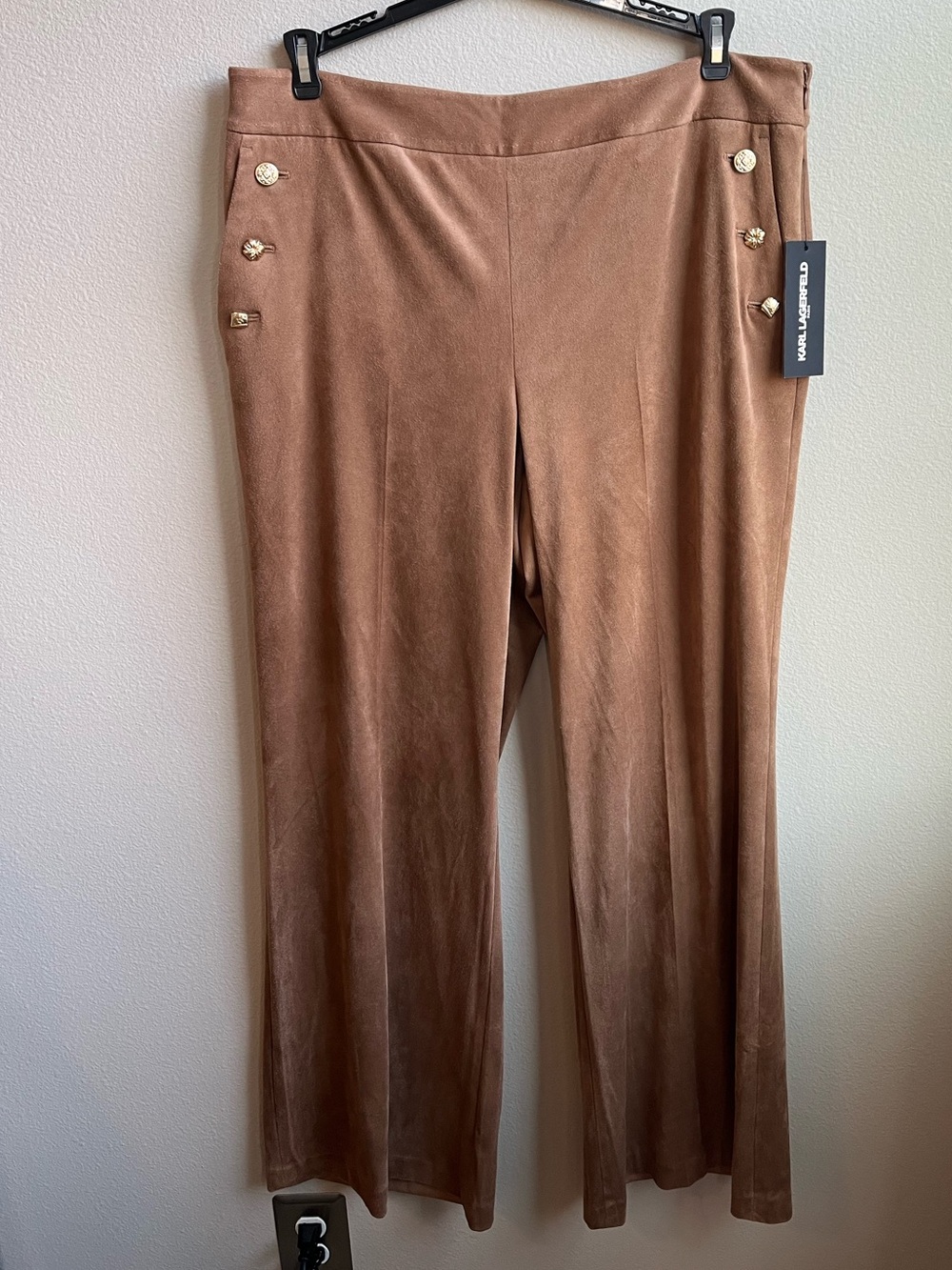Karl Lagerfeld Brown Wide-Leg Faux Suede Pants in Camel Brown NWT - Picture 4 of 9